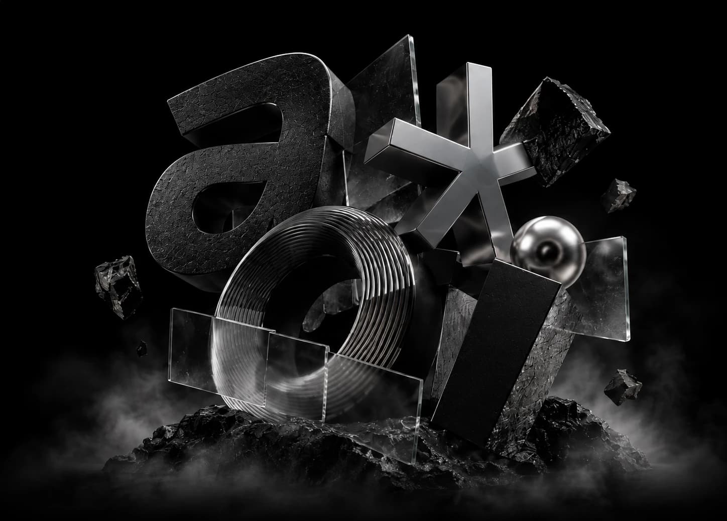 A sculptural assembly of stone letterforms, glass panes and a chrome asterisk